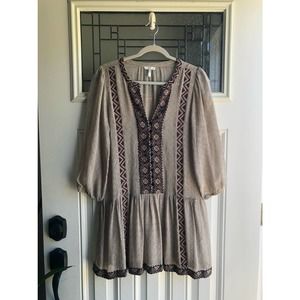 Joie Womens Large L Silk Dress Tunic V-Neck Silk Cotton Embroided Chifffon Sheer